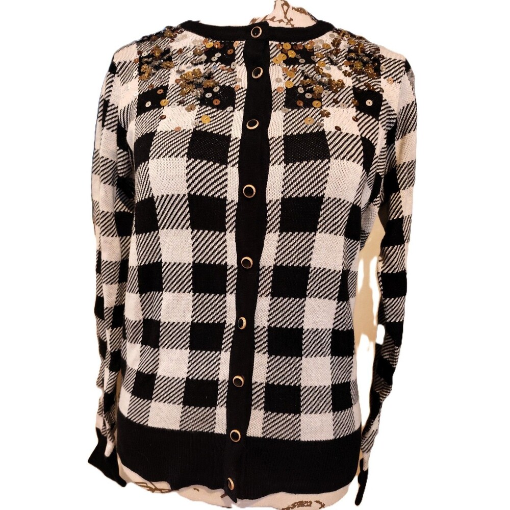 NWT Charter Club Black & White Gingham Button Down Party Cardigan w Sequins Sz S